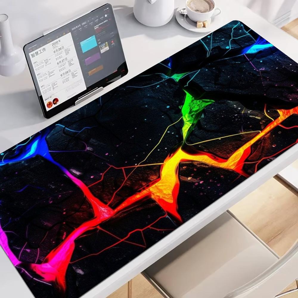 Office Tech Desk - 大型XXLゲーミングマウスパッドデスクマットキーボードパッドシアンネオンコンターラインサイバーテックブラック背景プリントラップトップPCゲーマーオフィス用
