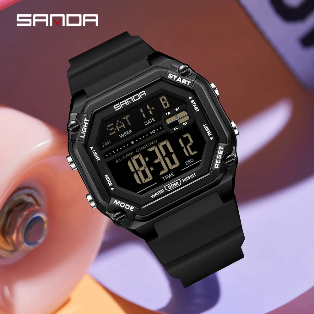Digital Timer Countdown - SANDA 6327 メンズ 電子腕時計 多機能 防水