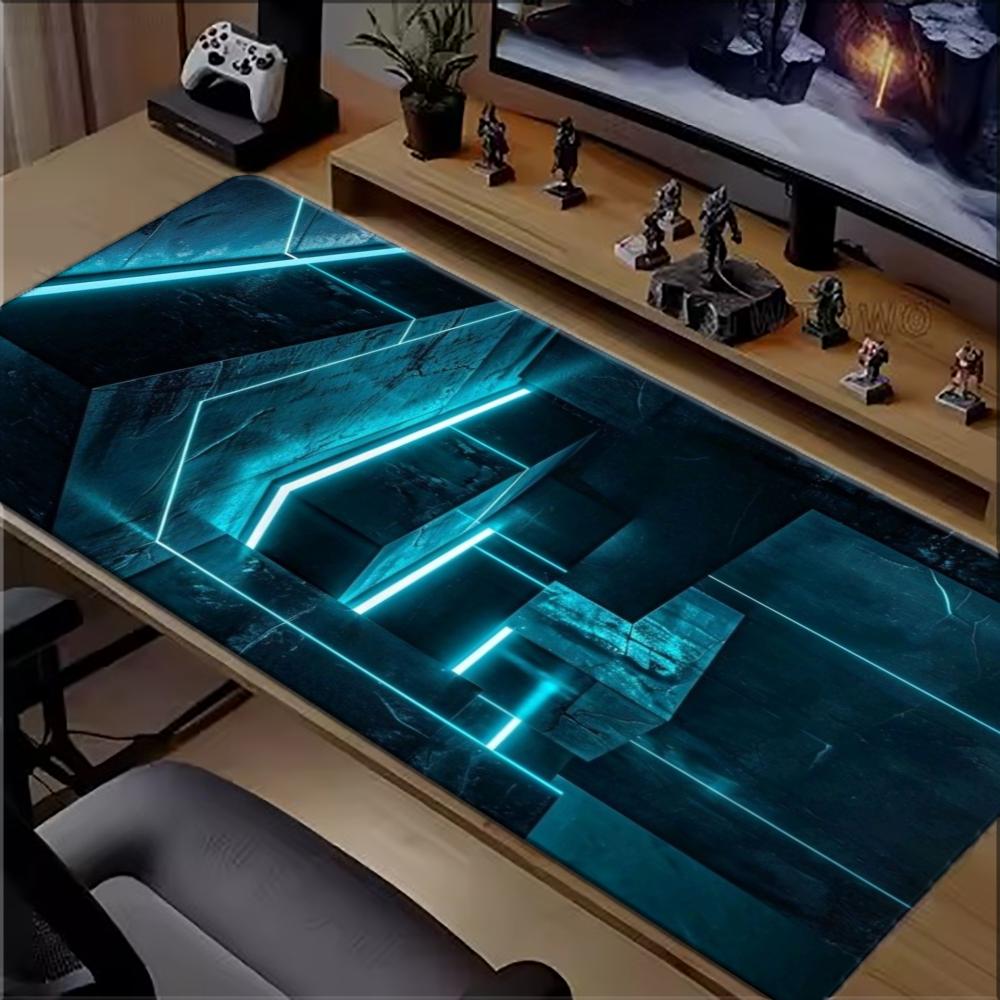 Office Tech Desk - シアンネオンテック 幾何学模様 大型拡張ゲーミングマウスパッド 滑り止めゴムベース キーボードデスクマット XXL