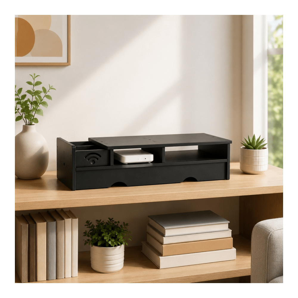 Office Tech Desk - ブラックマット WiFiルーター収納ボックス コンパクトデスクオーガナイザー ホームオフィス、寝室、リビングスペースのクリーンテックセットアップに最適