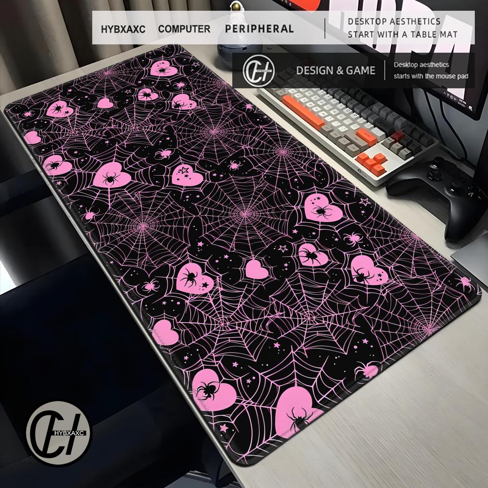 Office Tech Desk - 90x40 ホワイトまたはピンクのスパイダーウェブハートデスクマット パステルカラー かわいい ゴシック エモ