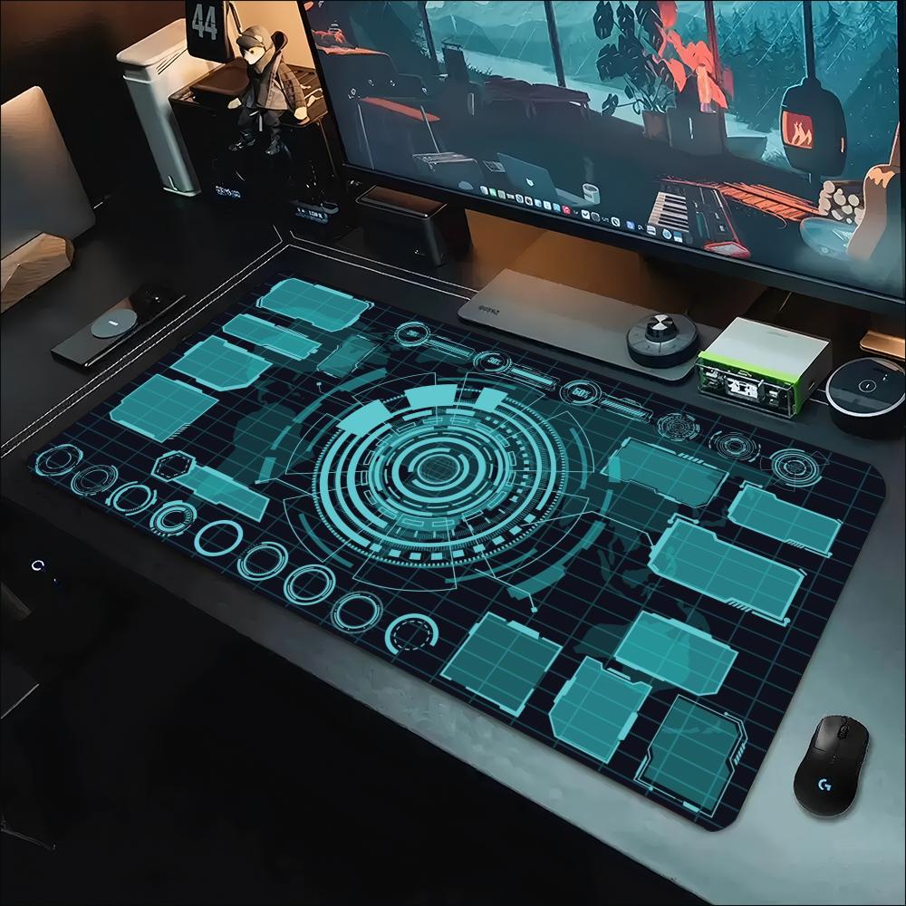 Office Tech Desk - サイバーテックコンソールインターフェースプリント拡張マウスパッド、滑り止めゴム製デスクマット、ゲーミングノートパソコンキーボードおよびオフィスワークステーション用