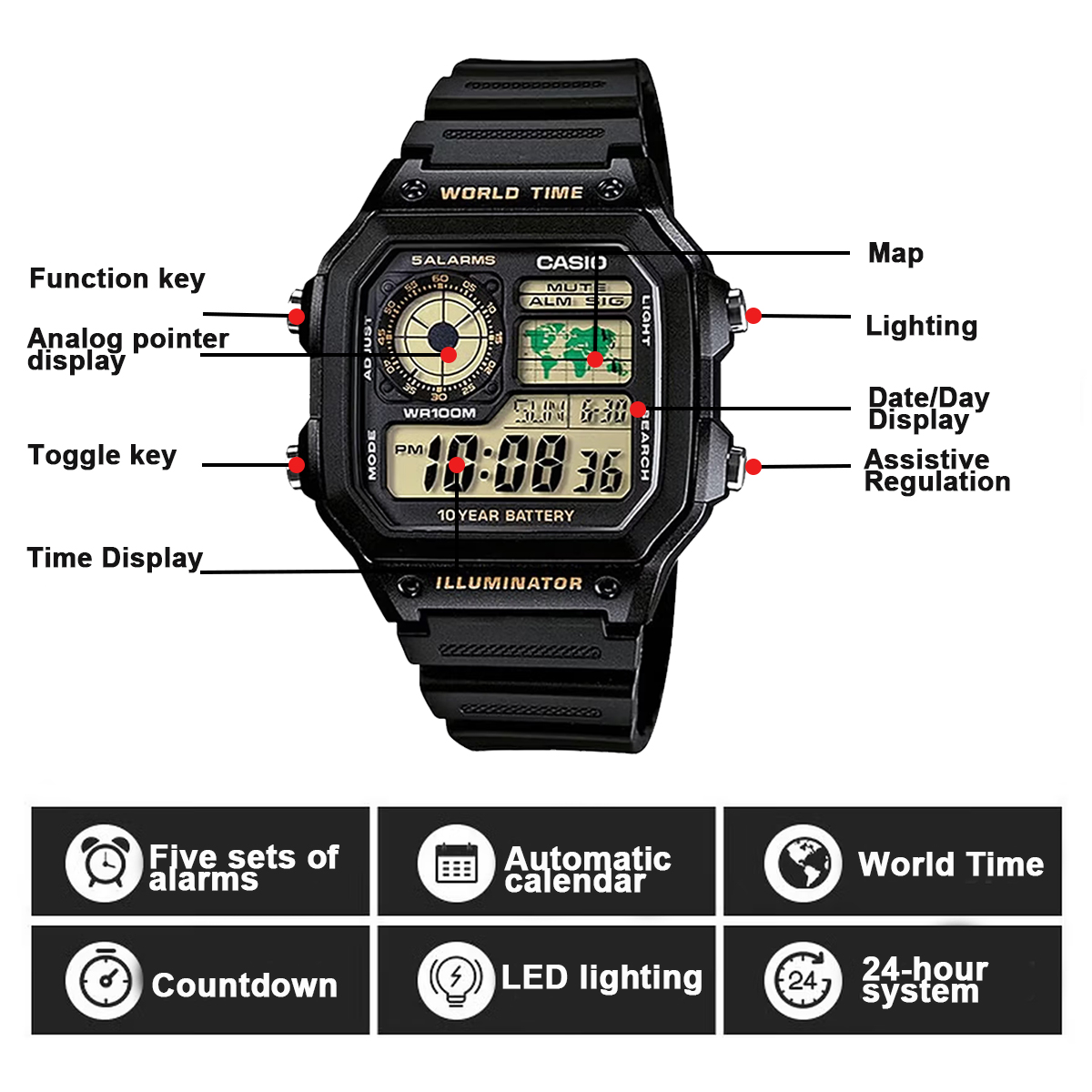 カシオ AE1200WH シリーズ |   メンズデジタル腕 - Digital Timer Countdown のレビューと価格